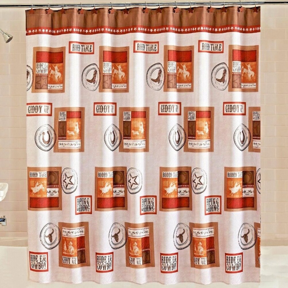 Rodeo Time Shower Curtain Cowboy Riding Boots Horse Country Stars Brown Western